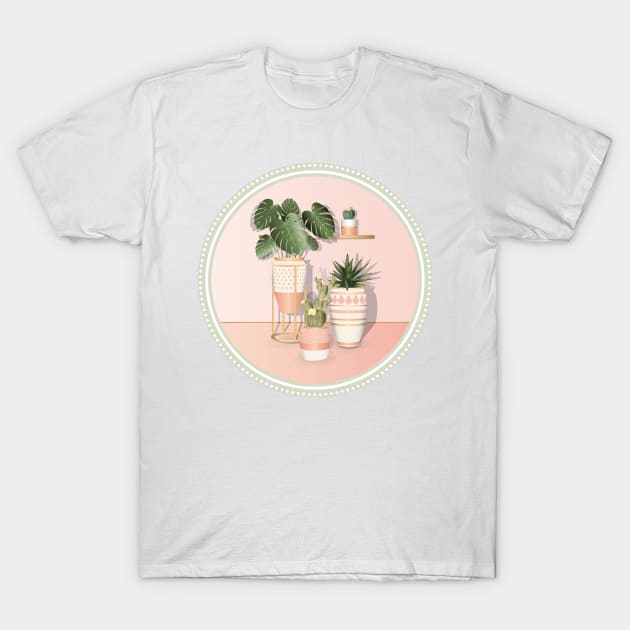 Green Botanical Plants | Pink Pots | Pink Room T-Shirt by Space Sense Design Studio